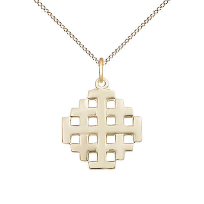 Jerusalem Cross 14kt Gold-filled Medal Necklace with Gold-filled Light Curb Chain, Measures 3/4-inch tall by 5/8-inch wide, Bliss Manufacturing