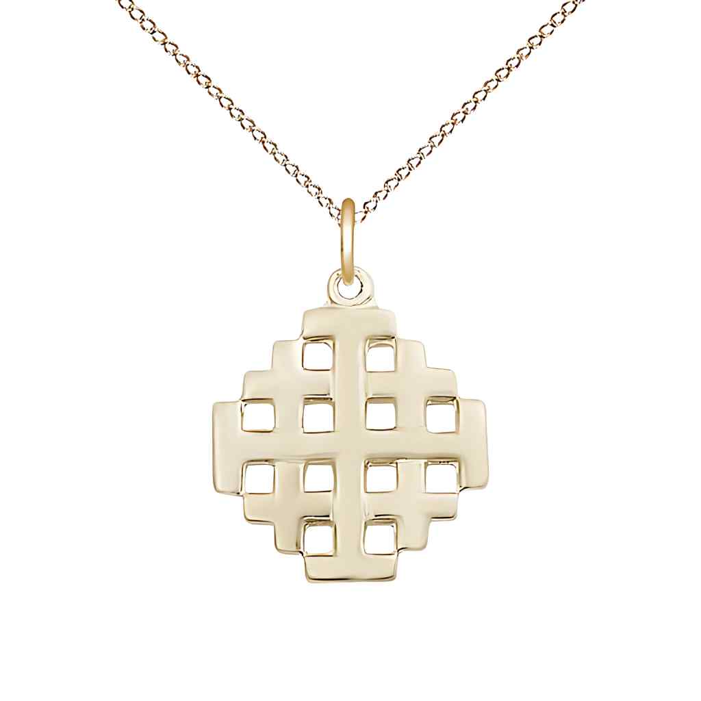 Bliss Jerusalem Cross 14kt Gold Medal Necklace with Gold-filled Light Curb Chain,  Measures 3/4-inch tall by 5/8-inch wide