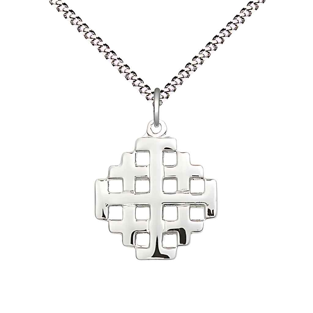 Bliss Jerusalem Cross Pewter Medal Necklace with Rhodium-plated Light Curb Chain,  Measures 3/4-inch tall by 5/8-inch wide
