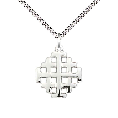 Jerusalem Cross Pewter Medal Necklace with Rhodium-plated Light Curb Chain, Measures 3/4-inch tall by 5/8-inch wide, Bliss Manufacturing
