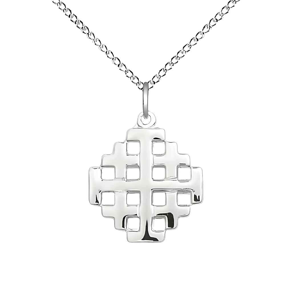 Bliss Jerusalem Cross Sterling Silver Medal Necklace with Sterling Silver Light Curb Chain,  Measures 3/4-inch tall by 5/8-inch wide