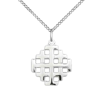 Jerusalem Cross Sterling Silver Medal Necklace with Sterling Silver Light Curb Chain, Measures 3/4-inch tall by 5/8-inch wide, Bliss Manufacturing