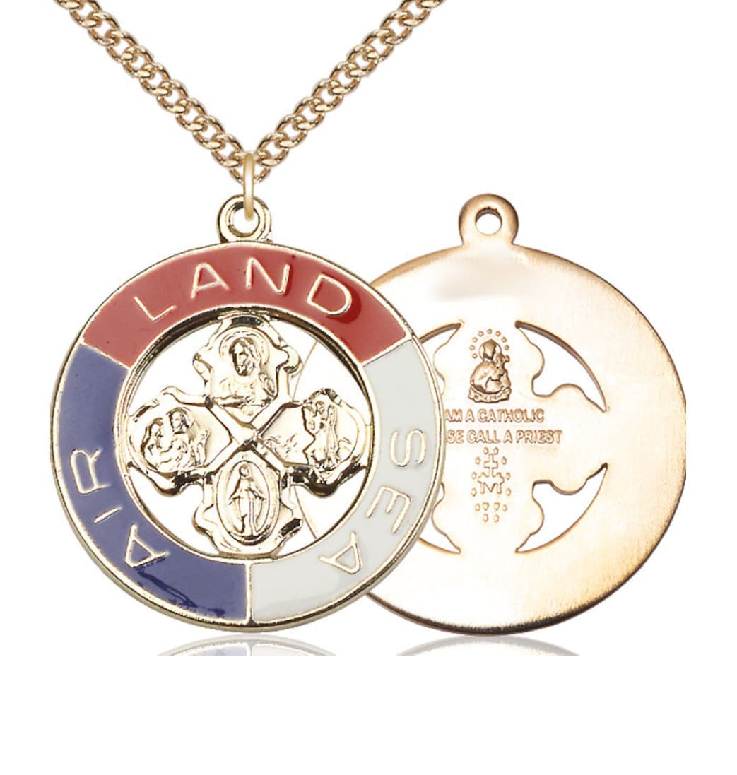 Bliss Military Land, Sea, Air 14kt Gold 4-Way Cross Medal w/C10 24in 14kt Gold Chain,