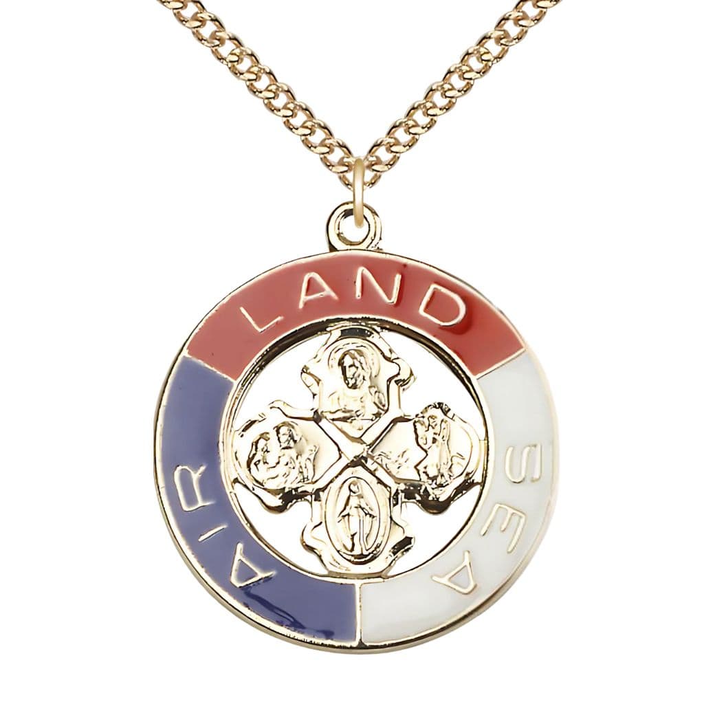 Bliss Military Land, Sea, Air Gold/Sterling 4-Way Cross Medal Necklace with Gold-filled Chain, Measures 1 1/4-inch tall by 1 1/8-inch wide,