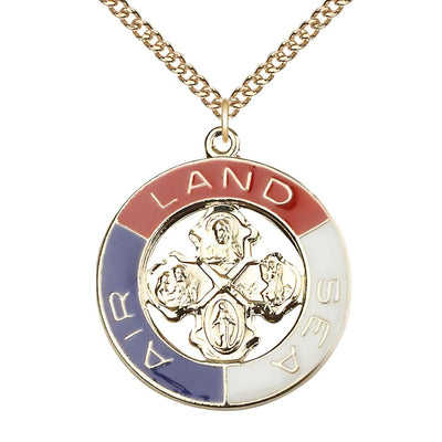 Military Land, Sea, Air Gold/Sterling 4-Way Cross Medal Necklace With Gold-Filled Chain, Measures 1 1/4-Inch Tall By 1 1/8-Inch Wide, Bliss Manufacturing
