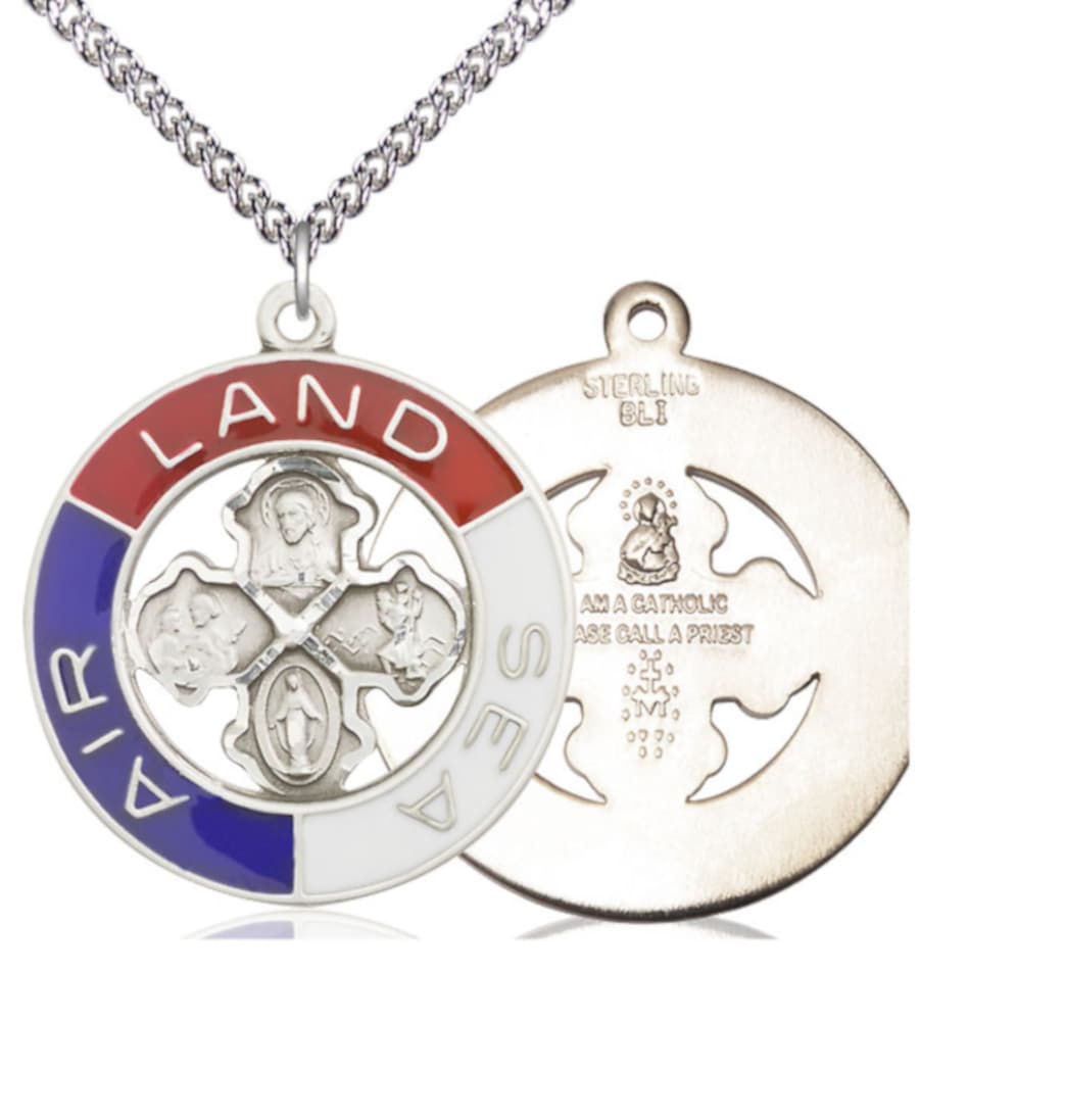 Bliss Military Land, Sea, Air Sterling Silver 4-Way Cross Necklace with Sterling Silver Chain,