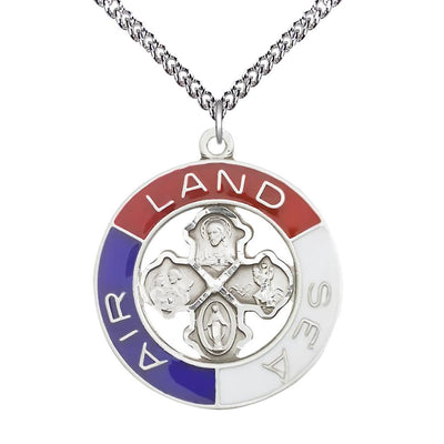 Military Land, Sea, Air Sterling Silver 4-Way Cross Necklace With Sterling Silver Chain, Measures 1 1/4-Inch Tall By 1 1/8-Inch Wide, Bliss Manufacturing