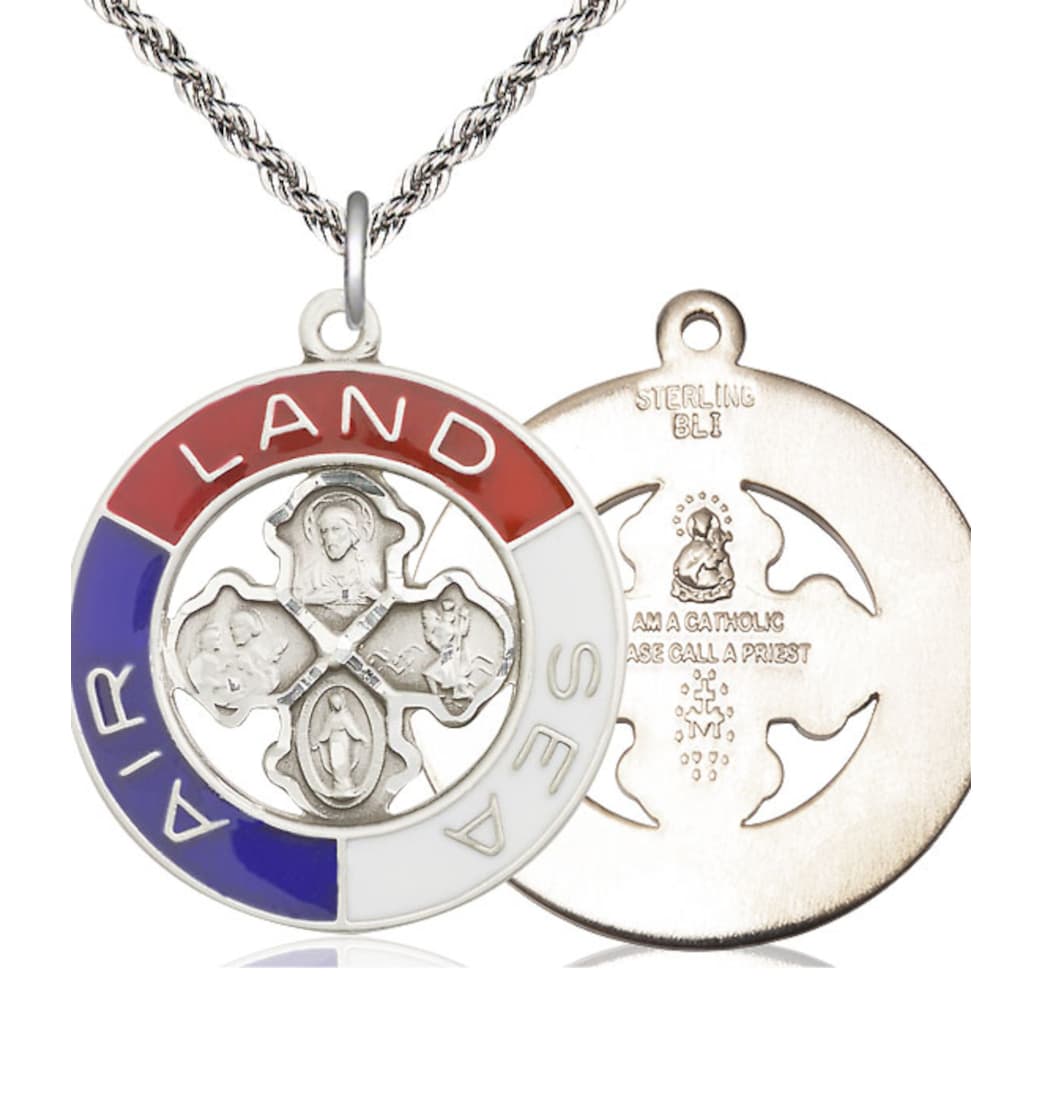 Bliss Military Land, Sea, Air Sterling Silver 4-Way Cross Necklace with French Rope Plated Chain,