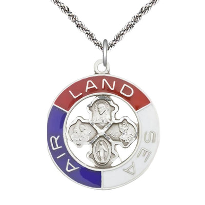 Military Land, Sea, Air Sterling Silver 4-Way Cross Necklace W/Sterling French Rope Chain, Measures 1 1/4-Inch Tall By 1 1/8-Inch Wide, Bliss Manufacturing