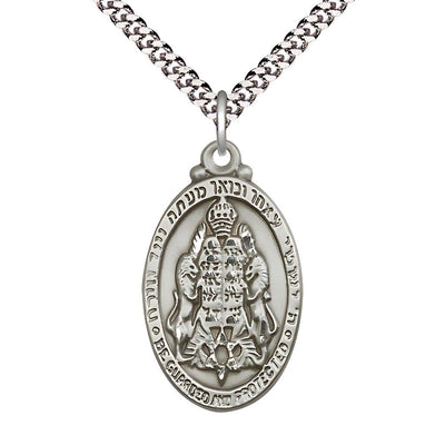 Sterling Silver Jewish Protection Pendant on a Rhodium-plated Curb Chain, 1 1/8-inch tall by 5/8-inch wide, Bliss Manufacturing