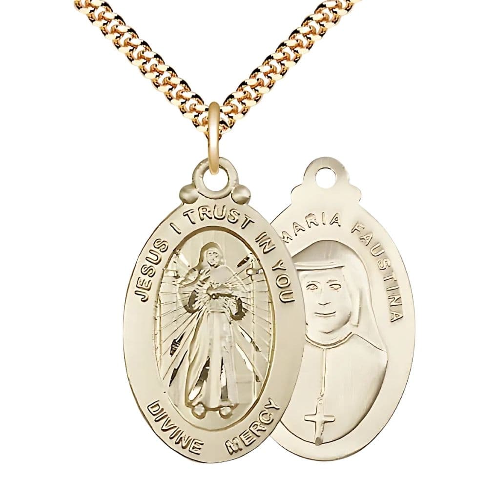 Bliss Divine Mercy & St. Maria Faustina 14kt Gold-filled Oval Medal Pendant with Gold-filled Chain, Measures 1 1/8" tall x 5/8" wide.