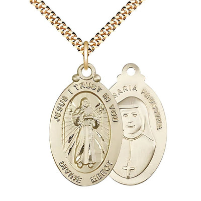 Divine Mercy & St. Maria Faustina 14kt Gold-filled Oval Medal Pendant with Gold-filled Chain, Measures 1 1/8" tall x 5/8" wide, Bliss Manufacturing