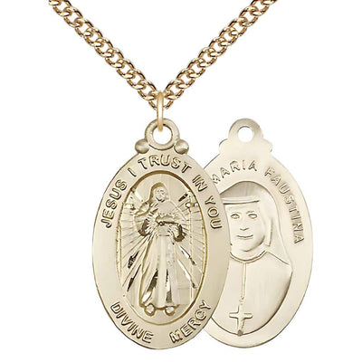 Divine Mercy & St. Maria Faustina 14kt Gold-filled Oval Medal Pendant with Gold-plated Chain, Measures 1 1/8" tall x 5/8" wide, Bliss Manufacturing