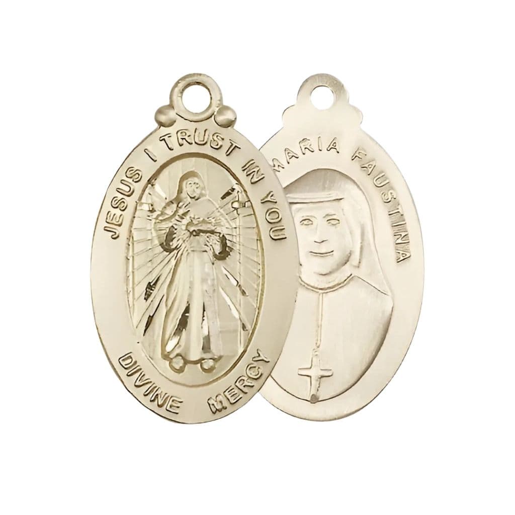 Bliss Divine Mercy & St. Maria Faustina 14kt Gold Oval Medal Pendant, Measures 1 1/8" tall x 5/8" wide.