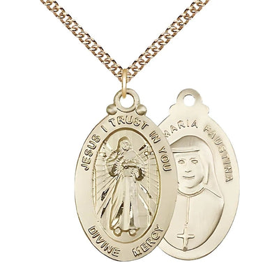 Divine Mercy & St. Maria Faustina 14kt Gold Oval Medal Pendant with 14kt Gold Chain, Measures 1 1/8" tall x 5/8" wide, Bliss Manufacturing