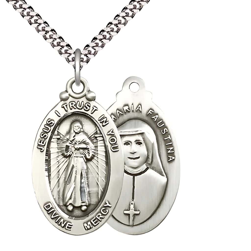 Bliss Divine Mercy & St. Maria Faustina Pewter Oval Medal Pendant with Rhodium-plated Chain, Measures 1 1/8" tall x 5/8" wide.