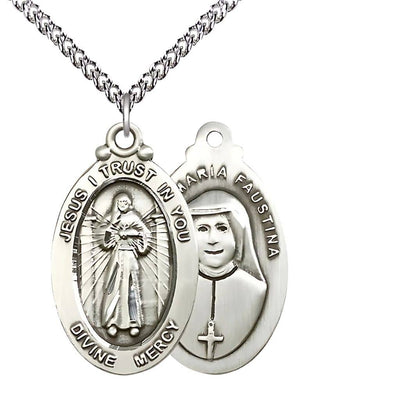 Divine Mercy & St. Maria Faustina Sterling Silver Oval Medal Pendant with Sterling Silver Chain, Measures 1 1/8" tall x 5/8" wide, Bliss Manufacturing