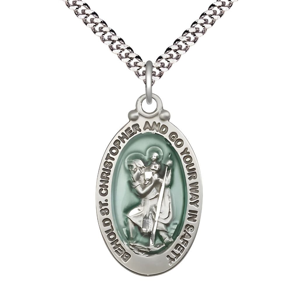 St. Christopher Sterling Silver Blue Epoxy Oval Medal with Plated Chain, Measures 1 1/8-inch tall by 5/8-inch wide