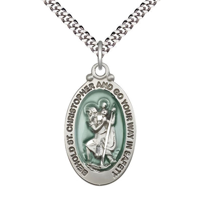 St. Christopher Sterling Silver Blue Epoxy Oval Medal with Plated Chain, Measures 1 1/8-inch tall by 5/8-inch wide, Bliss Manufacturing