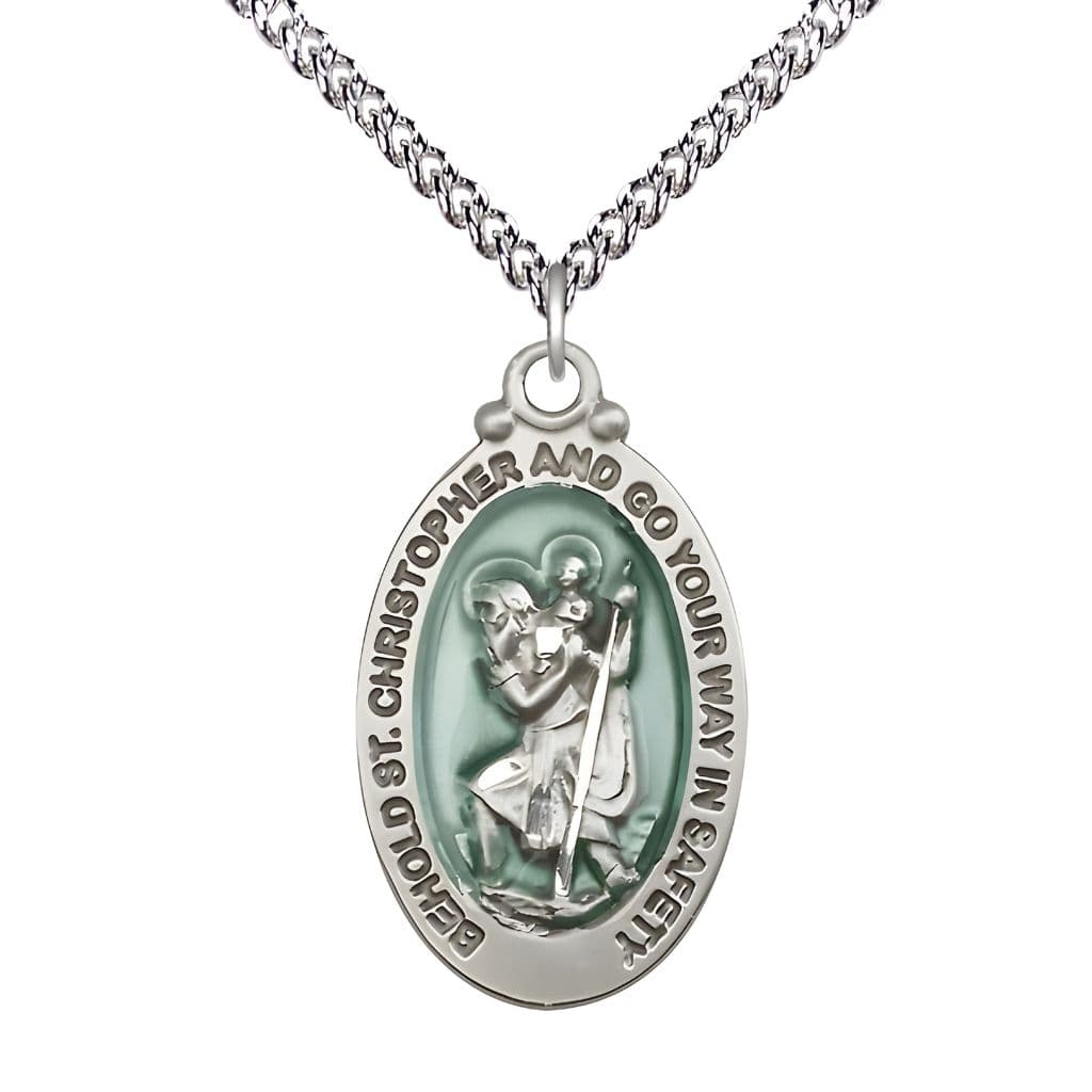 St. Christopher Sterling Silver Blue Epoxy Oval Medal with Sterling Chain, Measures 1 1/8-inch tall by 5/8-inch wide