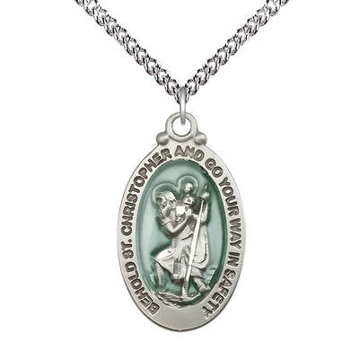 St. Christopher Sterling Silver Blue Epoxy Oval Medal with Sterling Chain, Measures 1 1/8-inch tall by 5/8-inch wide, Bliss Manufacturing