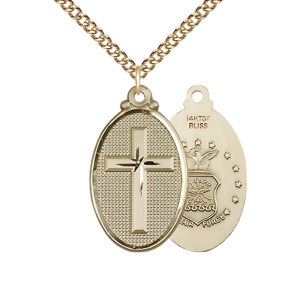 Bliss Air Force Christian Cross Gold-filled Medal Necklace with Gold-filled Chain, 1 1/4-inch tall by 3/4-inch wide,