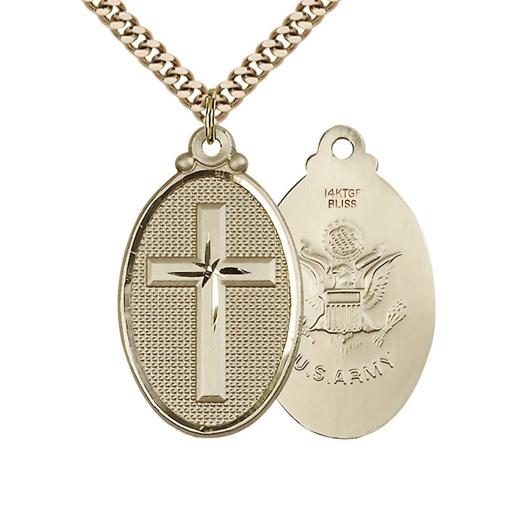 Bliss Oval Army Christian Cross Gold-filled Medal Necklace, 1 1/4-inch tall by 3/4-inch wide,