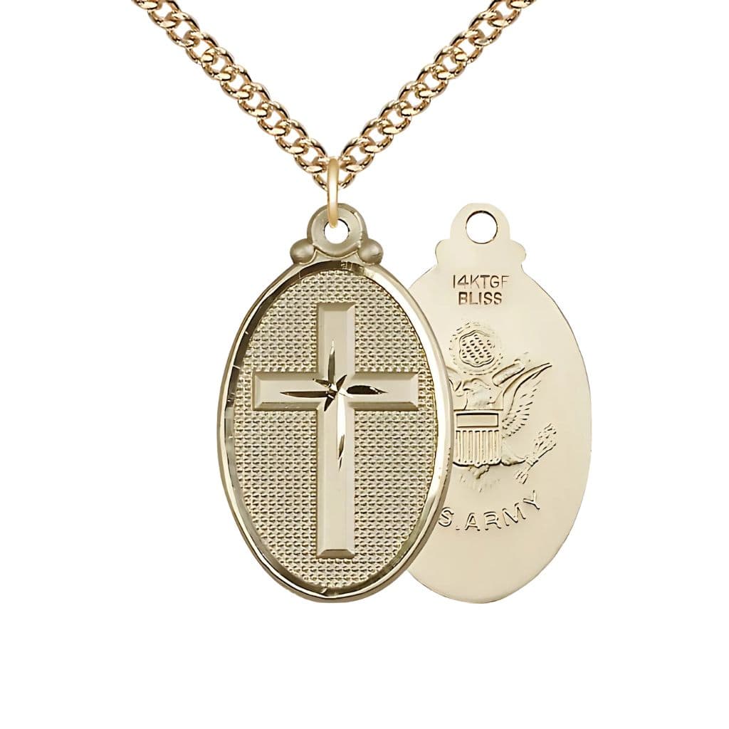 Bliss Oval Army Christian Cross Gold-filled Medal Necklace with Gold-filled Chain, 1 1/4-inch tall by 3/4-inch wide,