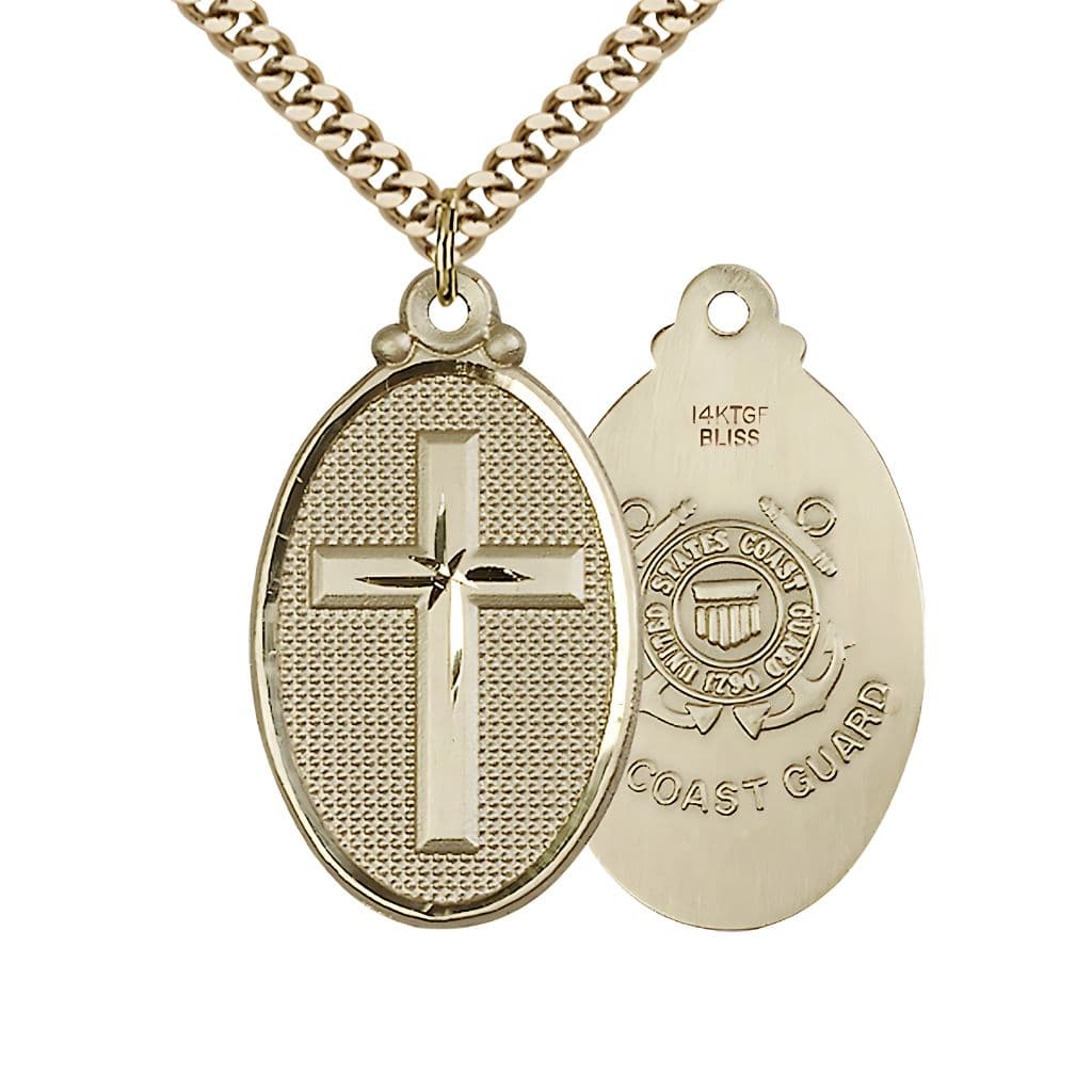 Bliss Coast Guard Christian Cross Gold-filled Medal Necklace with Plated Chain, 1 1/4-inch tall by 3/4-inch wide,