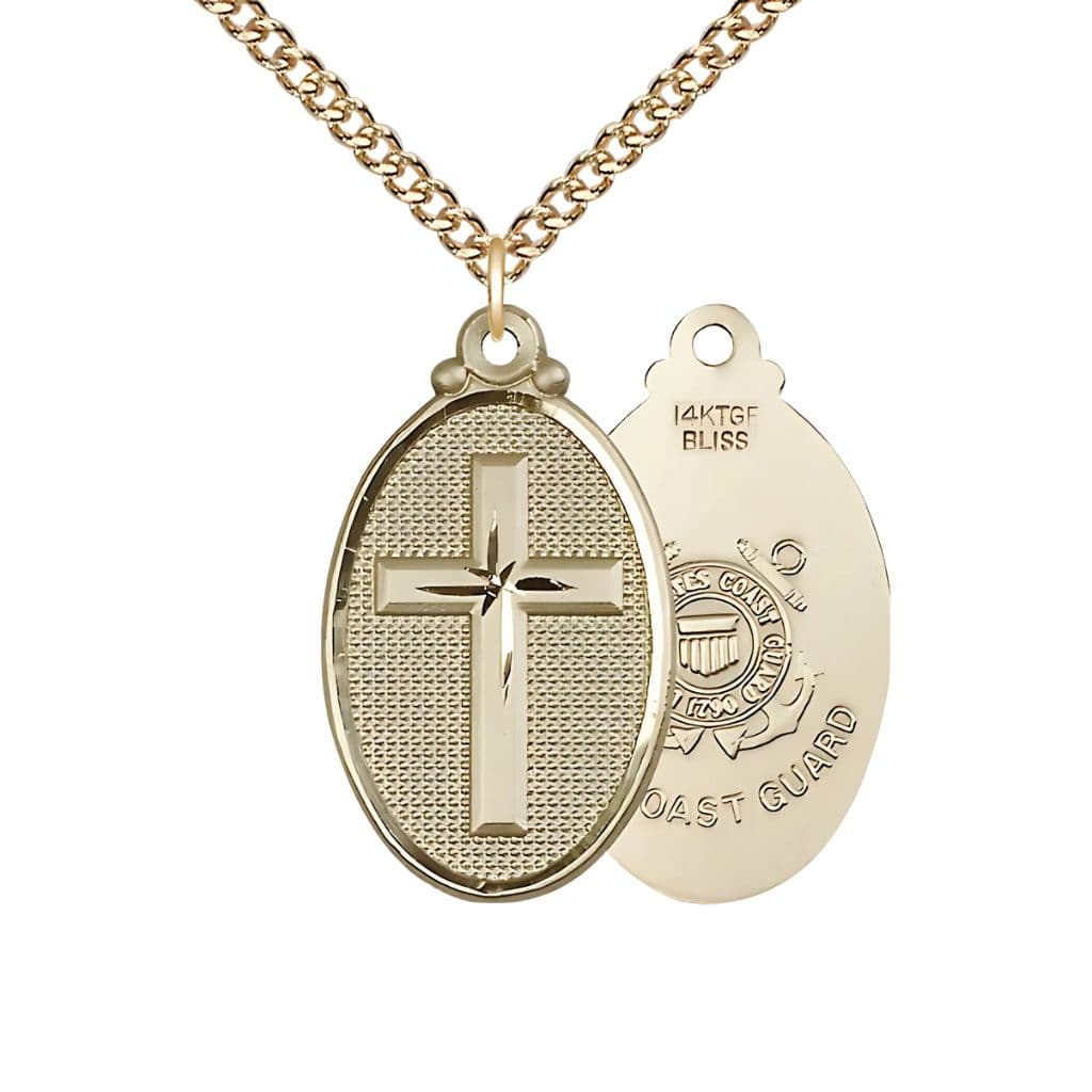 Bliss Coast Guard Christian Cross Gold-filled Medal Necklace with Gold-filled Chain, 1 1/4-inch tall by 3/4-inch wide,