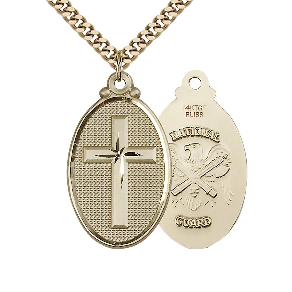 Bliss National Guard Christian Cross Gold-filled Medal Necklace w/Plated Chain, 1 1/4-inch tall by 3/4-inch wide,