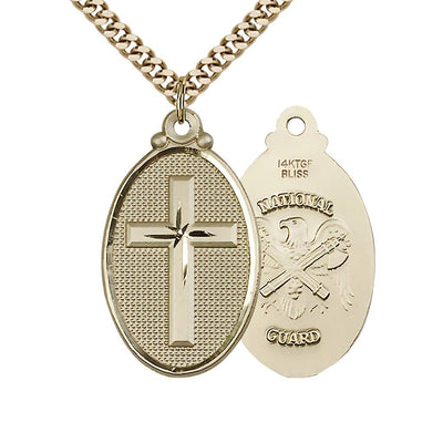 National Guard Christian Cross Gold-filled Medal Necklace w/Plated Chain, 1 1/4-inch tall by 3/4-inch wide, Bliss Manufacturing
