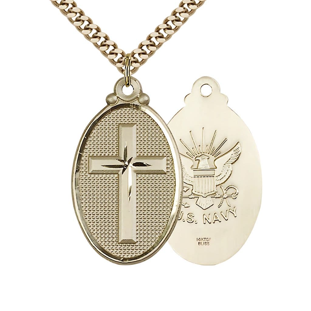Bliss Navy Christian Cross Gold-filled Medal Necklace with Plated Chain, 1 1/4-inch tall by 3/4-inch wide,