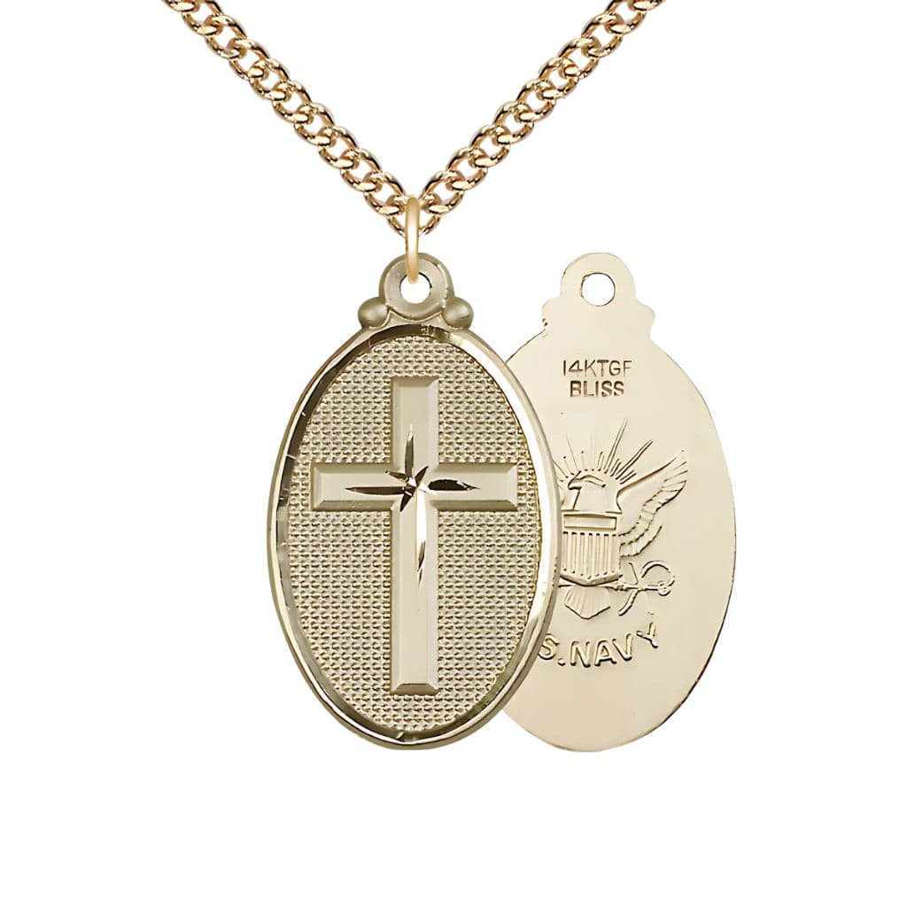 Bliss Navy Christian Cross Gold-filled Medal Necklace with Gold-filled Chain, 1 1/4-inch tall by 3/4-inch wide,