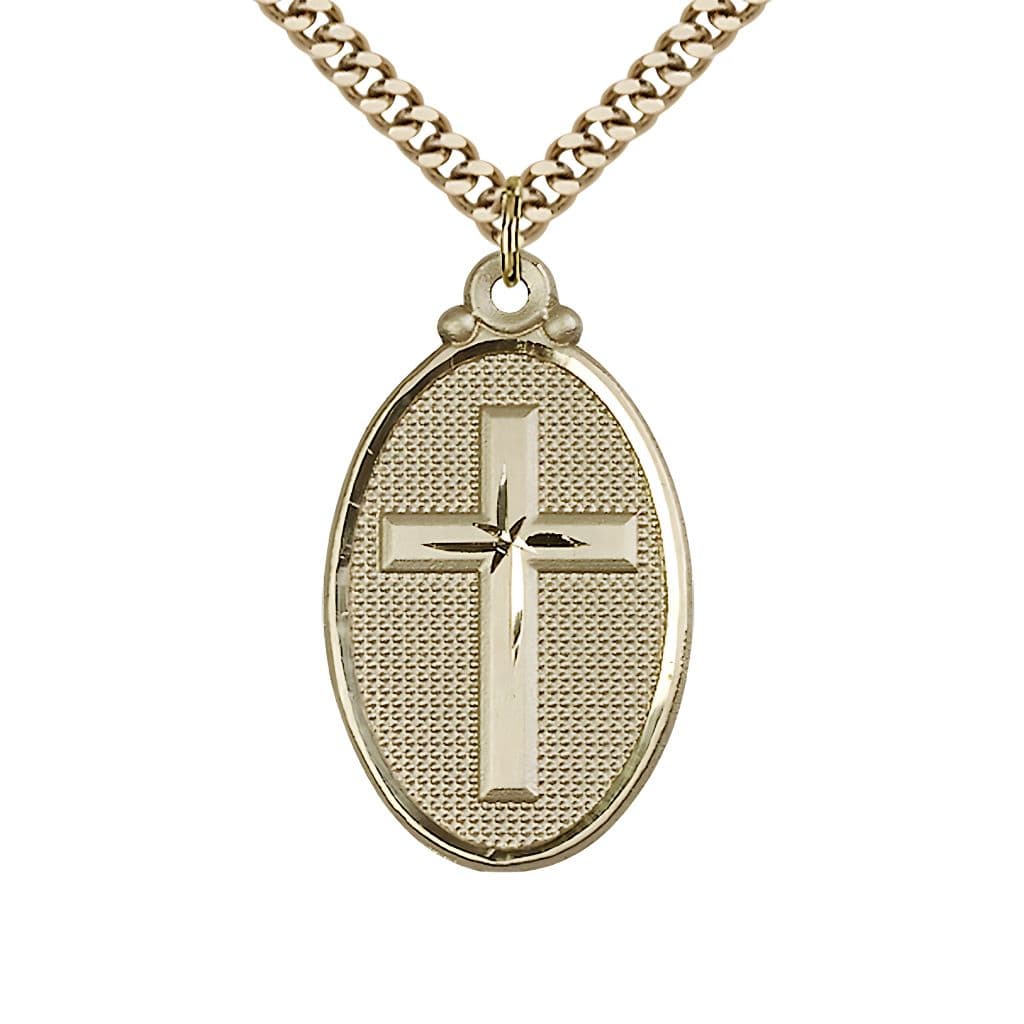 Bliss Christian Cross Oval 14kt Gold-filled  Medal Necklace with Gold-plated Heavy Curb Chain, 1 1/8-inch tall by 5/8-inch wide,