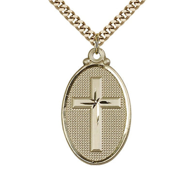 Christian Cross Oval 14kt Gold-filled Medal Necklace with Gold-plated Heavy Curb Chain, 1 1/8-inch tall by 5/8-inch wide, Bliss Manufacturing