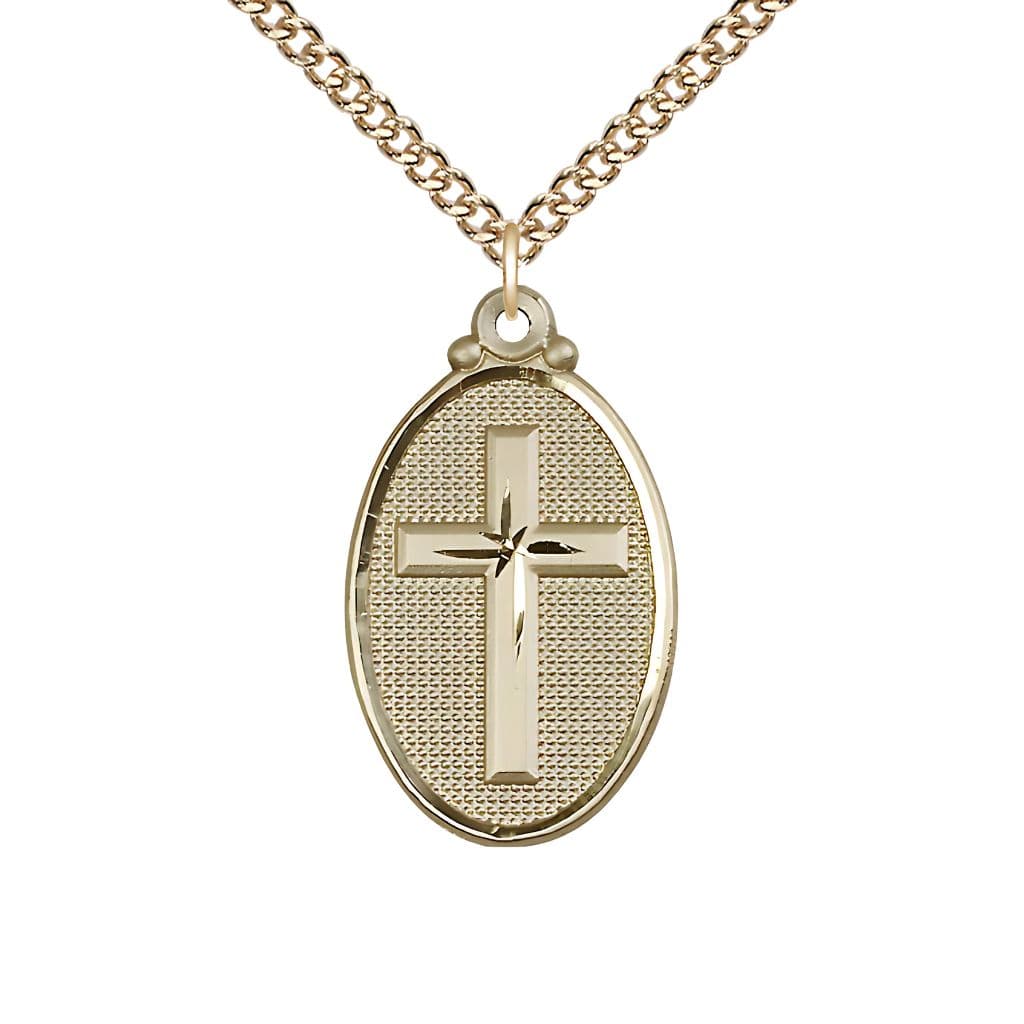 Bliss Christian Cross Oval 14kt Gold-filled  Medal Necklace with Gold-filled Heavy Curb Chain, 1 1/8-inch tall by 5/8-inch wide,