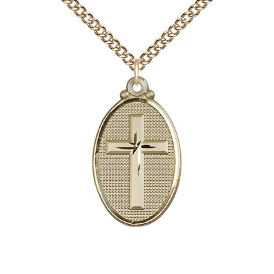 Christian Cross Oval 14kt Gold-filled Medal Necklace with Gold-filled Heavy Curb Chain, 1 1/8-inch tall by 5/8-inch wide, Bliss Manufacturing