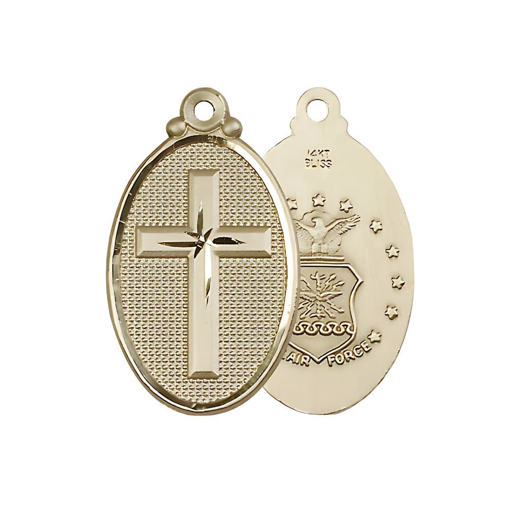 Bliss Air Force Christian Cross 14kt Gold Medal, 1 1/4-inch tall by 3/4-inch wide,