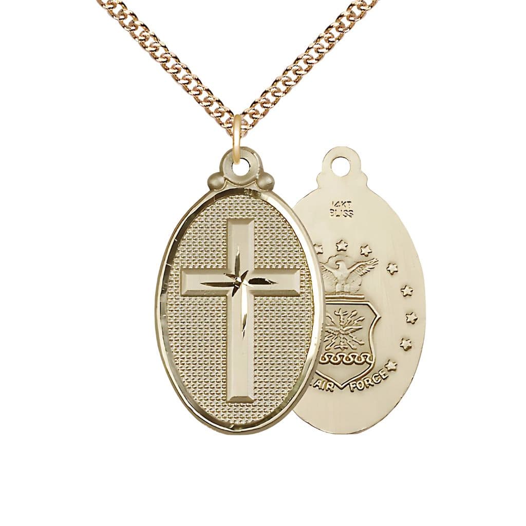 Bliss Air Force Christian Cross 14kt Gold Medal Necklace with 14kt Chain, 1 1/4-inch tall by 3/4-inch wide,