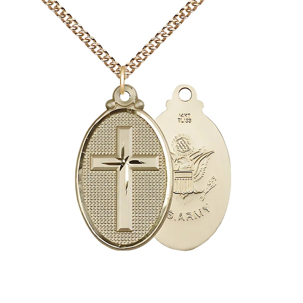 Bliss Oval Army Christian Cross 14kt Gold Medal Necklace with 14kt Gold Chain, 1 1/4-inch tall by 3/4-inch wide,