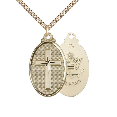 Oval Army Christian Cross 14kt Gold Medal Necklace with 14kt Gold Chain, 1 1/4-inch tall by 3/4-inch wide, Bliss Manufacturing