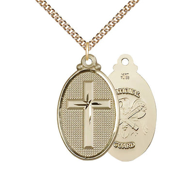 National Guard Christian Cross 14kt Gold Medal Necklace w/14kt Gold Chain, 1 1/4-inch tall by 3/4-inch wide, Bliss Manufacturing