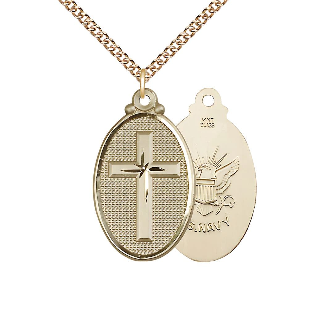 Bliss Navy Christian Cross 14kt Gold Medal Necklace with 14kt Gold Chain, 1 1/4-inch tall by 3/4-inch wide,