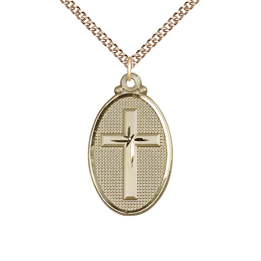 Bliss Christian Cross Oval 14kt Gold  Medal Necklace with 14kt Gold Heavy Curb Chain, 1 1/8-inch tall by 5/8-inch wide,