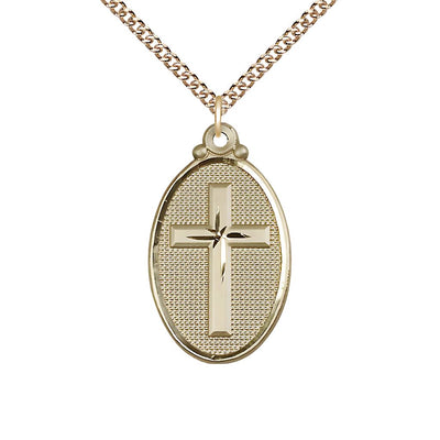 Christian Cross Oval 14kt Gold Medal Necklace with 14kt Gold Heavy Curb Chain, 1 1/8-inch tall by 5/8-inch wide, Bliss Manufacturing