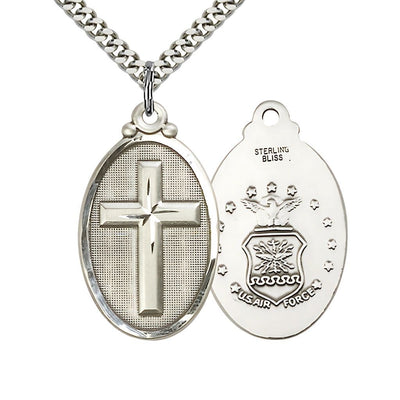 Air Force Christian Cross Sterling Silver Medal Necklace, 1 1/4-inch tall by 3/4-inch wide, Bliss Manufacturing