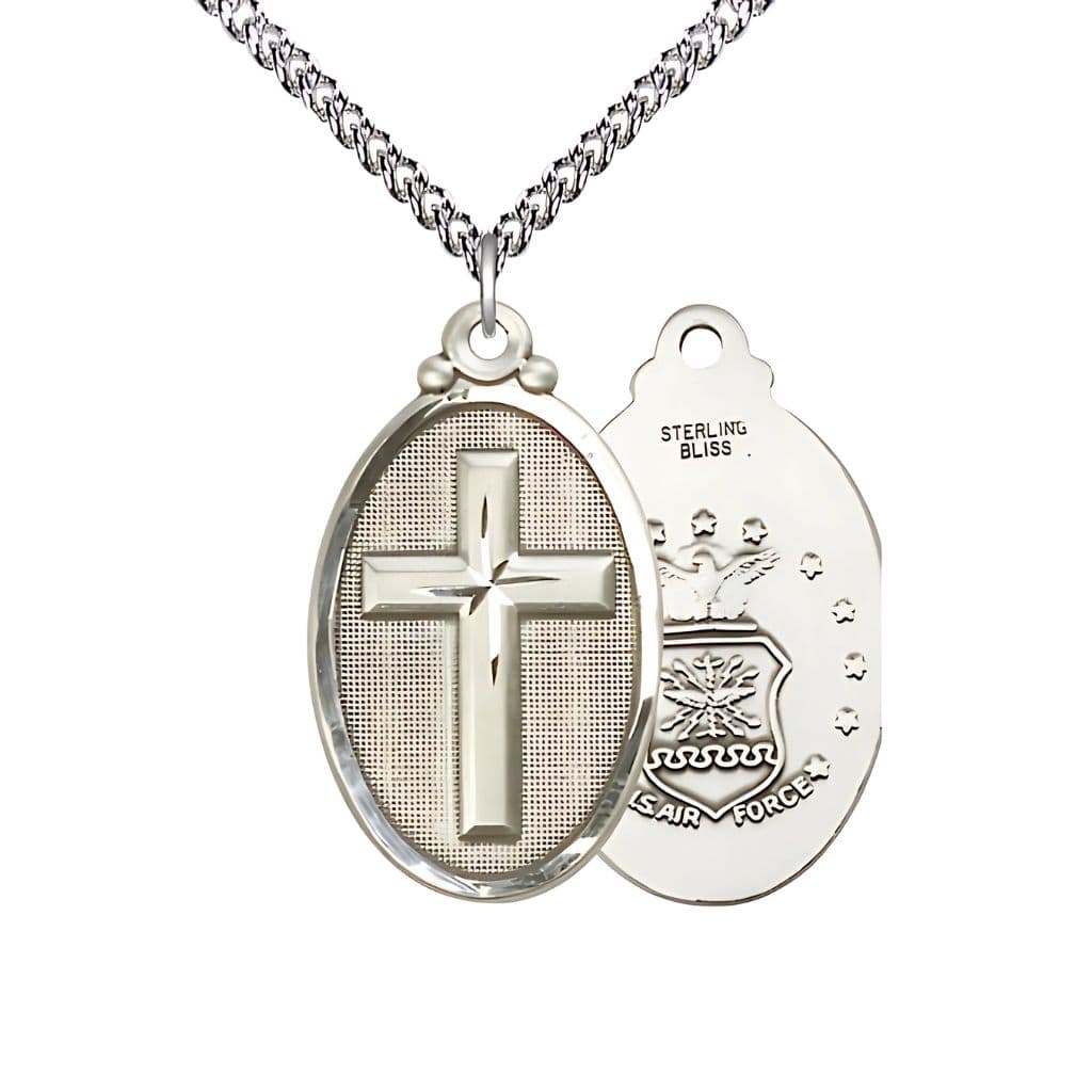 Bliss Air Force Christian Cross Sterling Silver Medal Necklace with Sterling Chain, 1 1/4-inch tall by 3/4-inch wide,