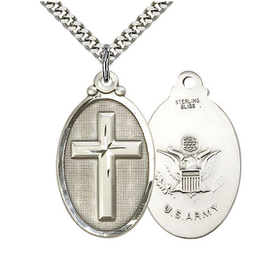 Oval Army Christian Cross Sterling Silver Medal Necklace, 1 1/4-inch tall by 3/4-inch wide, Bliss Manufacturing