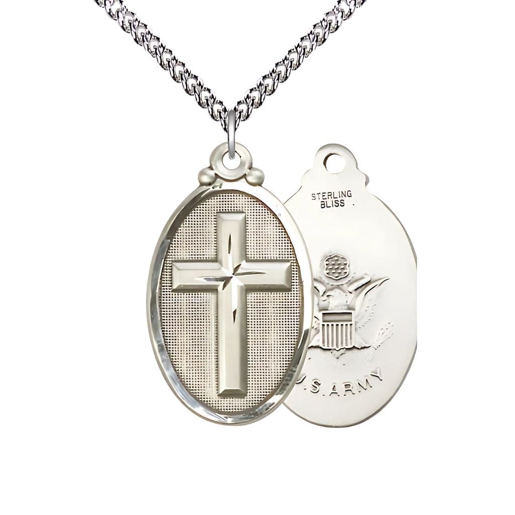 Bliss Oval Army Christian Cross Sterling Silver Medal Necklace with Sterling Chain, 1 1/4-inch tall by 3/4-inch wide,